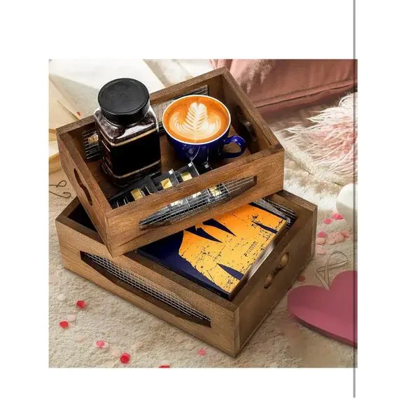 New!Set of 2 Wooden Nesting Countertop Baskets, Decorative Wood Storage Box - Picture 3 of 5